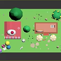 Cute Mini Commercial Buildings With Pink And Orange Exteriors Balloons Trees Tables And Decorations