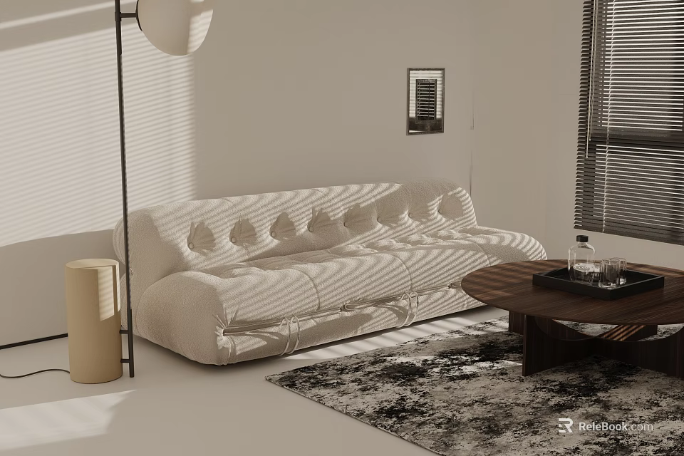 Light Colored Sectional Sofa With Sunlight Stripes Floor Lamp And Wooden Coffee Table 3d model 