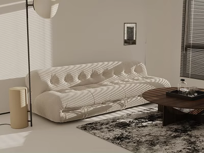 Light Colored Sectional Sofa With Sunlight Stripes Floor Lamp And Wooden Coffee Table 3d model