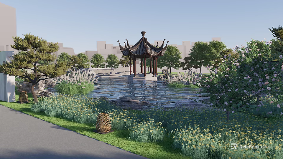 Classic Courtyard Garden With Chinese Style Pavilion Water Pond Trees Flower Beds And Decorative Basket 3d model 