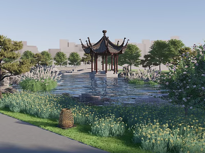 Classic Courtyard Garden With Chinese Style Pavilion Water Pond Trees Flower Beds And Decorative Basket 3d model