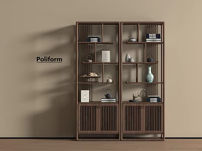 Traditional Chinese Wooden Display Shelf With Decorative Vases Books And Teaware 3d model