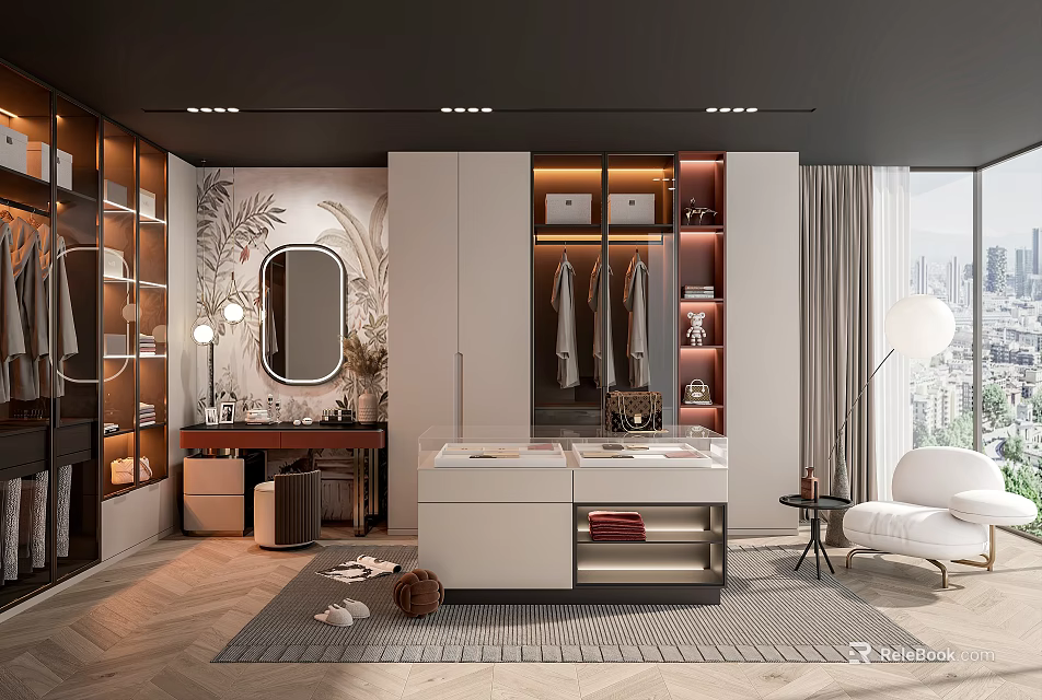 Modern Open Concept Walk-in Closet Interior Design With Hanging Rods Drawers And Mirror 3d model 