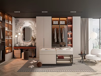 Modern Open Concept Walk-in Closet Interior Design With Hanging Rods Drawers And Mirror 3d model