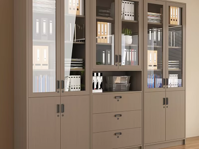 Modern Wooden File Cabinet With Glass Doors And Organized Office Document Storage 3d model