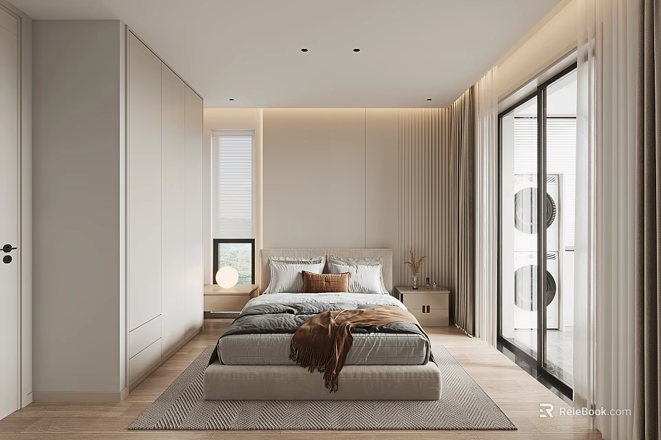 Modern Bedroom Interior With Platform Bed Built in Wardrobes Floor to Ceiling Windows and Curtains 3d model 
