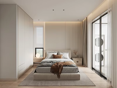 Modern Bedroom Interior With Platform Bed Built in Wardrobes Floor to Ceiling Windows and Curtains 3d model