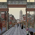 Traditional Chinese Commercial Street With Archway Pagoda Traditional Buildings And Pedestrians