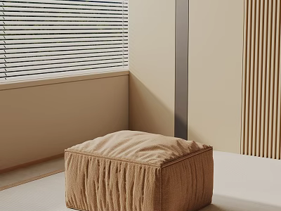 Square Beige Cushioned Ruched Side Table With Window Blinds Beige Walls And Wooden Texture Decoration 3d model
