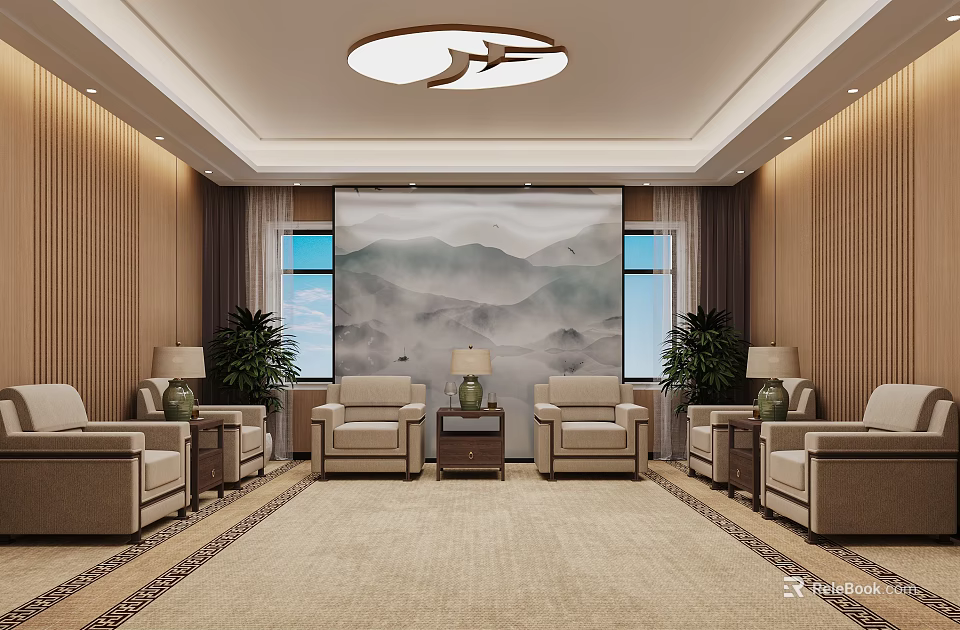 Hotel Public Lounge Area With Mountain Landscape Painting Beige Sofas Potted Plants And Wooden Walls 3d model 
