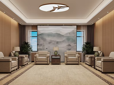 Hotel Public Lounge Area With Mountain Landscape Painting Beige Sofas Potted Plants And Wooden Walls 3d model