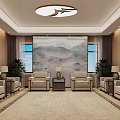 Hotel Public Lounge Area With Mountain Landscape Painting Beige Sofas Potted Plants And Wooden Walls