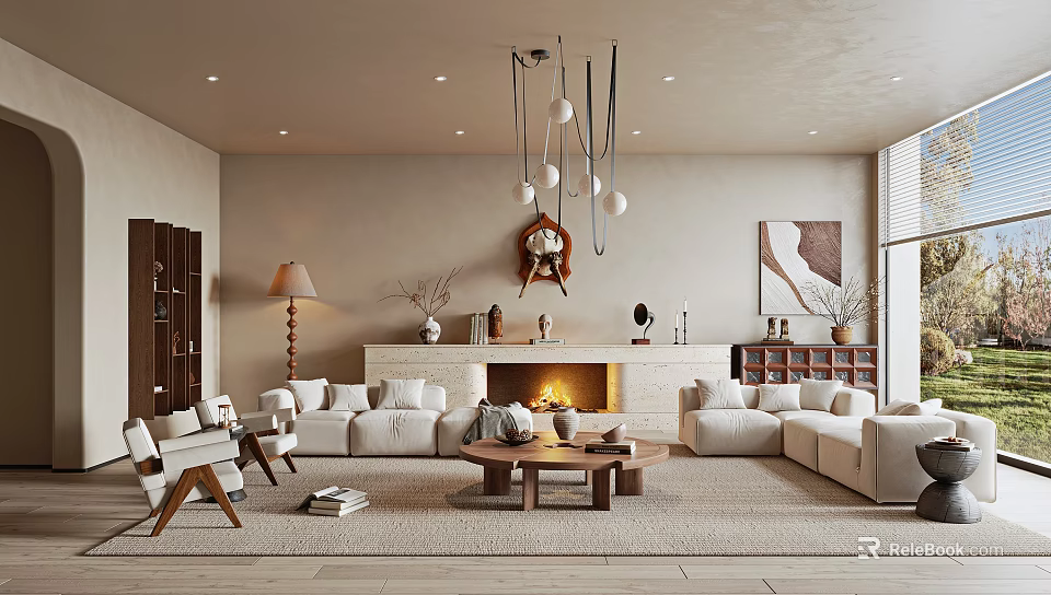 Modern Living Room Interior With Comfy Sofa Fireplace Hanging Lamp And Wooden Coffee Table 3d model 