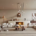 Modern Living Room Interior With Comfy Sofa Fireplace Hanging Lamp And Wooden Coffee Table