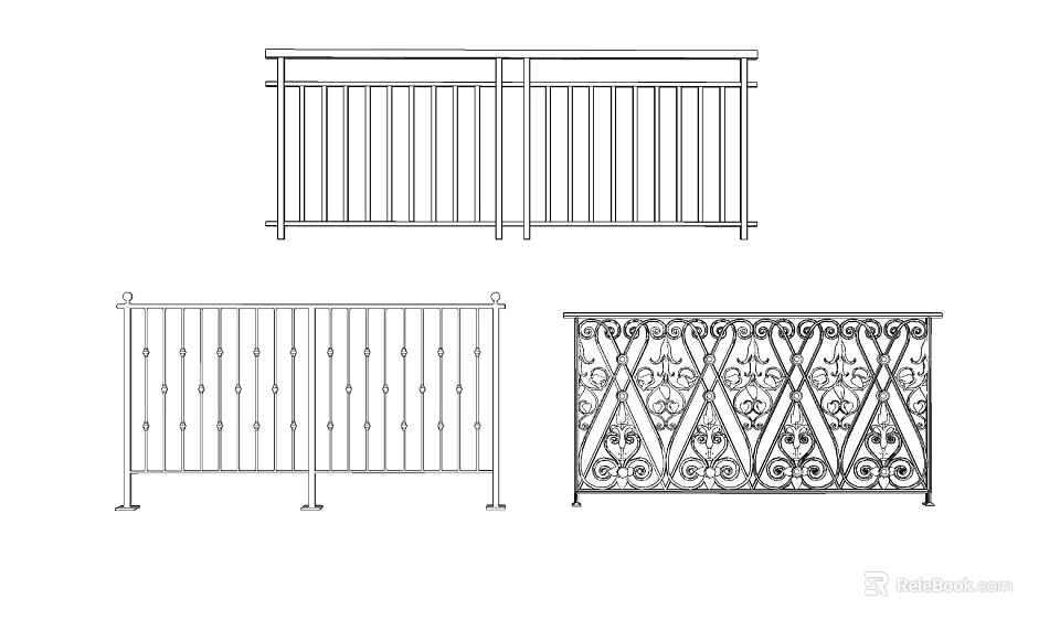 Various Metal Fence Railing Designs With Simple Vertical Bars and Ornate Patterns 3d model 