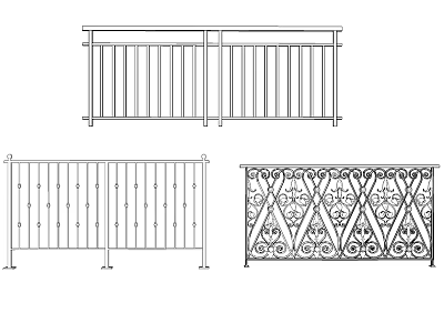 Various Metal Fence Railing Designs With Simple Vertical Bars and Ornate Patterns 3d model