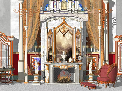 Ornate Classic Fireplace With Marble Columns Draperies Statues And Armchair In Elegant Room 3d model