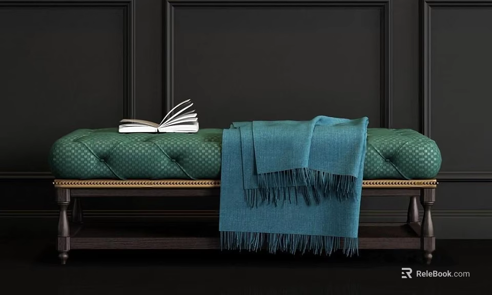 Green Tufted Sofa Bench With Blue Blanket Dark Wall And Wooden Legs 3d model 