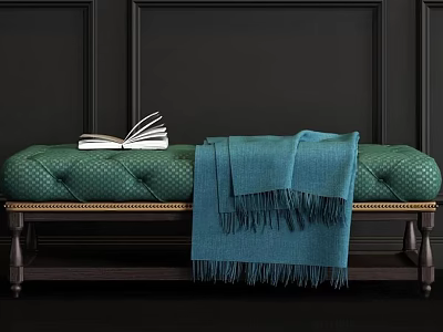 Green Tufted Sofa Bench With Blue Blanket Dark Wall And Wooden Legs 3d model