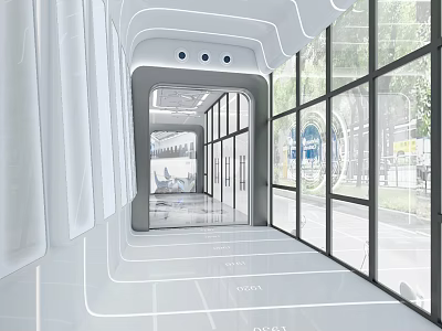 Modern Elevator Corridor With Spacious Design Large Glass Windows And Bright Natural Light 3d model