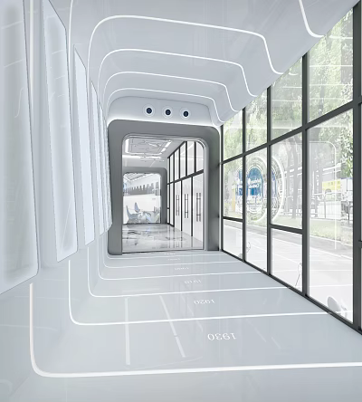 Modern Elevator Corridor With Spacious Design Large Glass Windows And Bright Natural Light 3d model