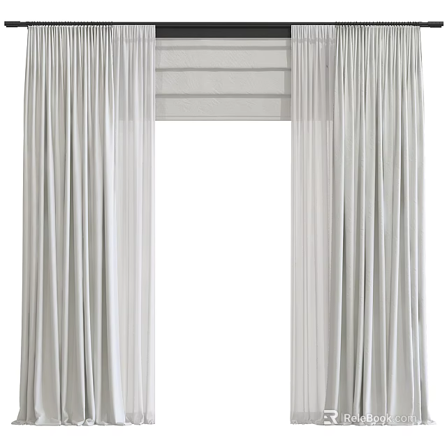 Elegant Modern Curtains In Light Gray Linen With Double Layers And Roller Blinds 3d model