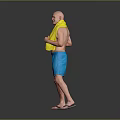 Elderly Man With Bald Head Wearing Yellow Towel Blue Shorts And Flip-Flops In Gray Background