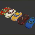Five Colorful Toy Cars in Red White Yellow Gray and Blue Lined Up