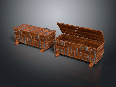 Two Wooden Chests With Metal Straps And Clasps One Open And One Closed Design 3d model