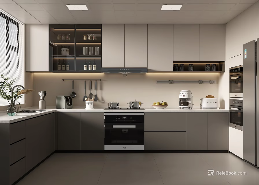 Modern Kitchen Interior Design With Gray Cabinets Appliances Open Shelves And Cooktop 3d model 