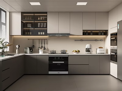 Modern Kitchen Interior Design With Gray Cabinets Appliances Open Shelves And Cooktop 3d model