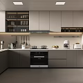 Modern Kitchen Interior Design With Gray Cabinets Appliances Open Shelves And Cooktop