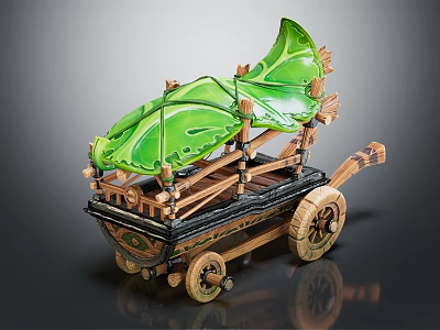 Traditional Handcrafted Wooden Cart With Green Leaf Shaped Canopy And Spoked Wheels 3d model