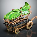 Traditional Handcrafted Wooden Cart With Green Leaf Shaped Canopy And Spoked Wheels