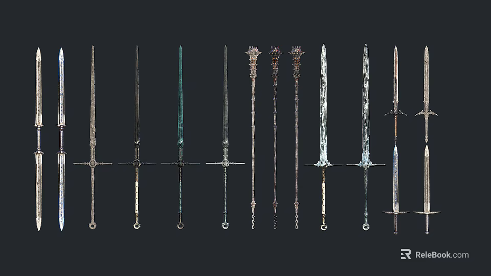 Display Of Different Medieval Sword Types With Metallic Blades And Ancient Designs 3d model 