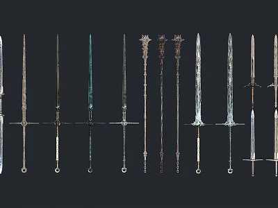 Display Of Different Medieval Sword Types With Metallic Blades And Ancient Designs 3d model