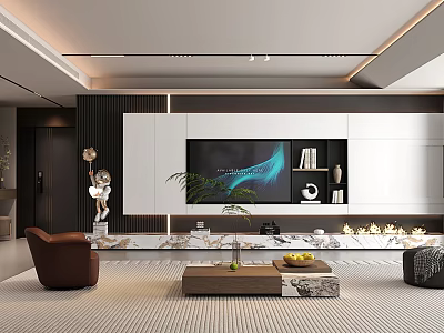 Modern Living Room Interior Design With TV Green Plant Brown Sofa And Wooden Coffee Table 3d model