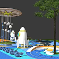 Space Themed Children's Play Area With Rocket Shaped Slide Hanging Balls And Colorful Floor