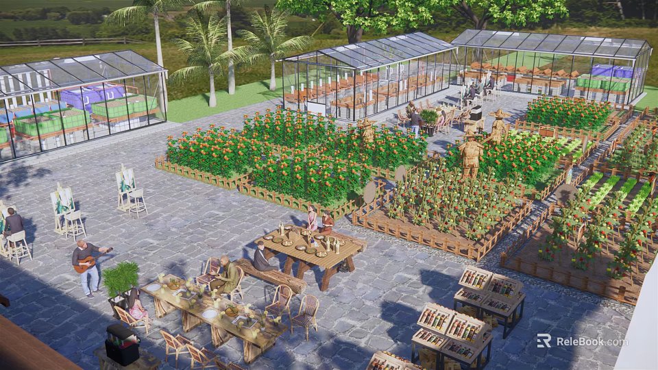 Scenic Rural Landscape With Greenhouses Palm Trees Flower Beds And Outdoor Seating Areas 3d model 