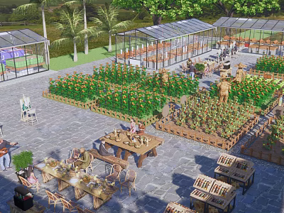 Scenic Rural Landscape With Greenhouses Palm Trees Flower Beds And Outdoor Seating Areas 3d model