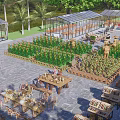 Scenic Rural Landscape With Greenhouses Palm Trees Flower Beds And Outdoor Seating Areas