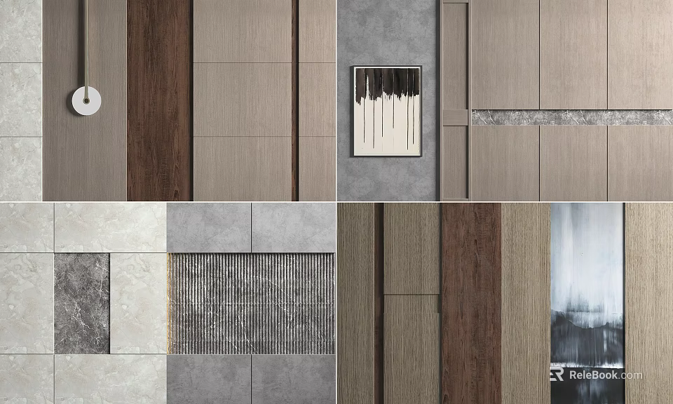 Modern Sofa Backdrop Wall Design With Wooden And Stone Panels And Artwork 3d model