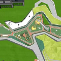 Aerial View of Children's Playground With Green Turf Yellow Structures and Curved Paths