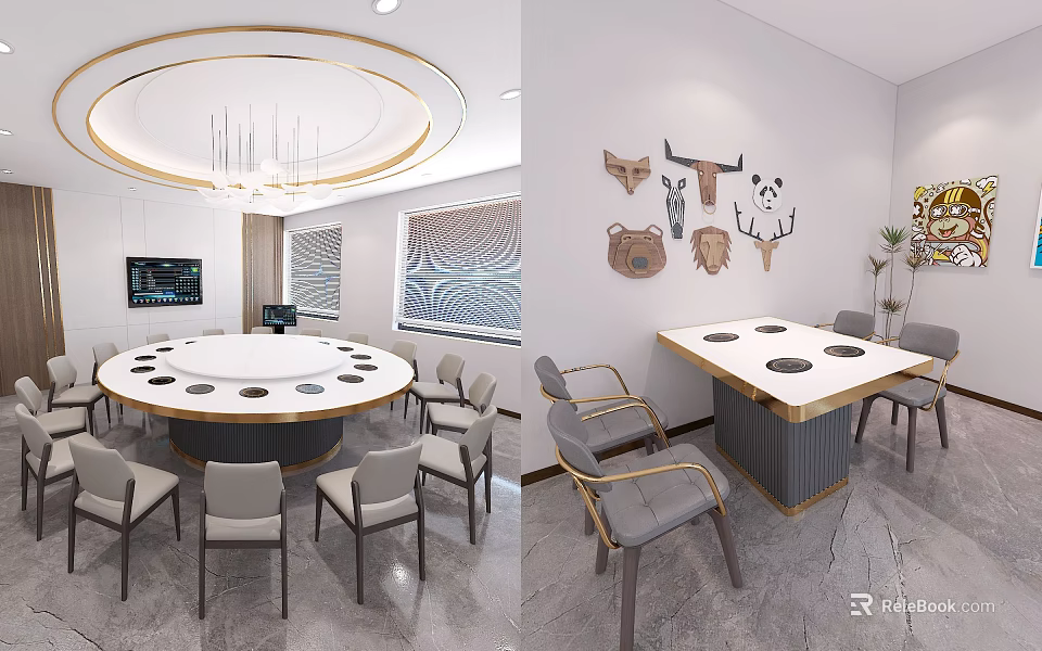 Stylish Round And Rectangular Dining Table Set With Chairs Chandelier Wall Decorations And Black Placemats 3d model 