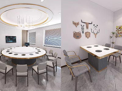 Stylish Round And Rectangular Dining Table Set With Chairs Chandelier Wall Decorations And Black Placemats 3d model