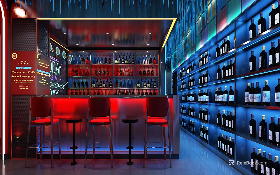Modern Restaurant Interior With Bar Counter Red Bar Stools And Wine Bottle Shelves 3d model 