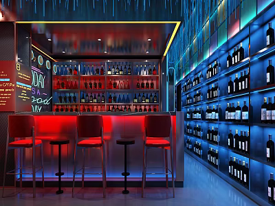 Modern Restaurant Interior With Bar Counter Red Bar Stools And Wine Bottle Shelves 3d model