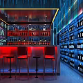 Modern Restaurant Interior With Bar Counter Red Bar Stools And Wine Bottle Shelves