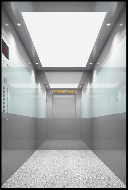 Modern Elevator Interior With Glass Walls Metal Doors And Ceiling Lights 3d model