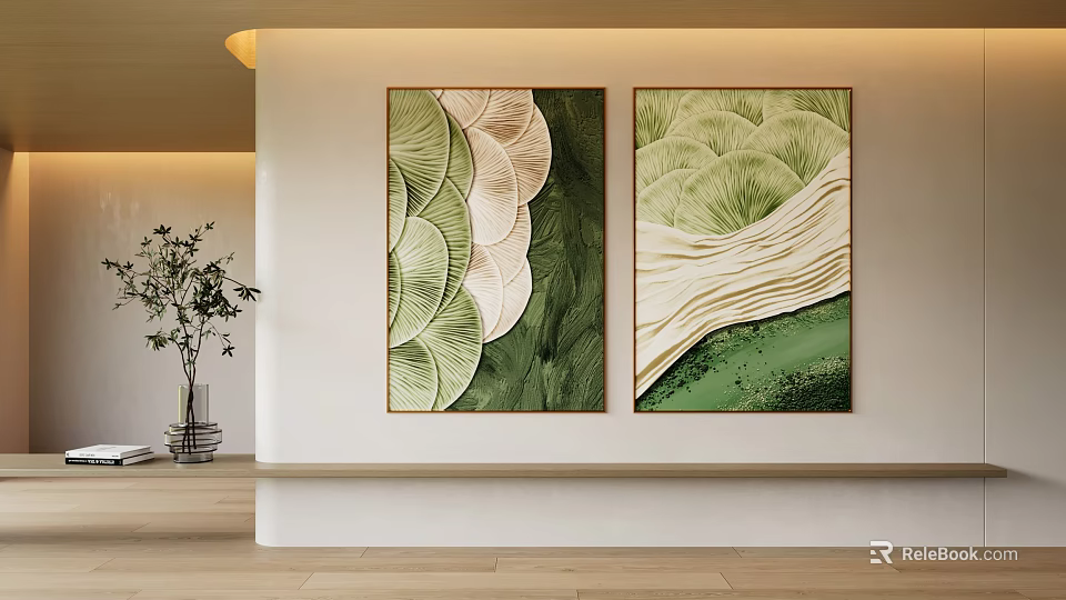 Two Abstract Paintings With Green And Beige Wave Like Leaf Patterns Hanging On Interior Wall 3d model